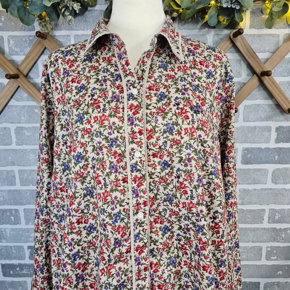 Lauren Ralph Lauren 2X Floral Button Front Blouse Cotton Lace Trim Plus Size - Picture 3 of 6
